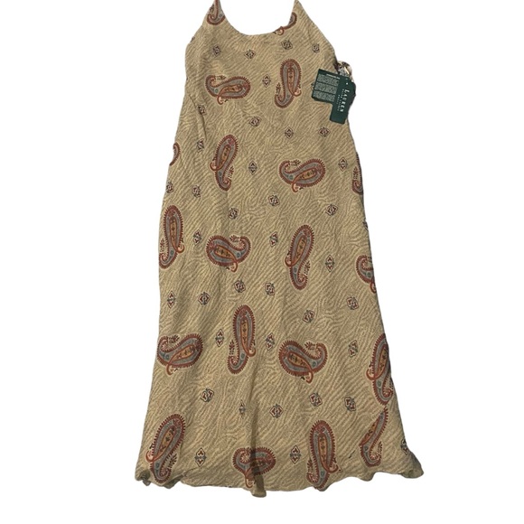 NWT Ralph Lauren Paisley Halter Neck Silk Chiffon Slip Midi Tan Dress Womens 10 - Picture 4 of 8